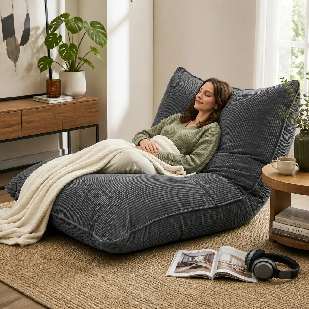 Bean Bag Chair Cover Grey 3 in 1 Convertible Floor Cushion Sofa Seat Corduroy