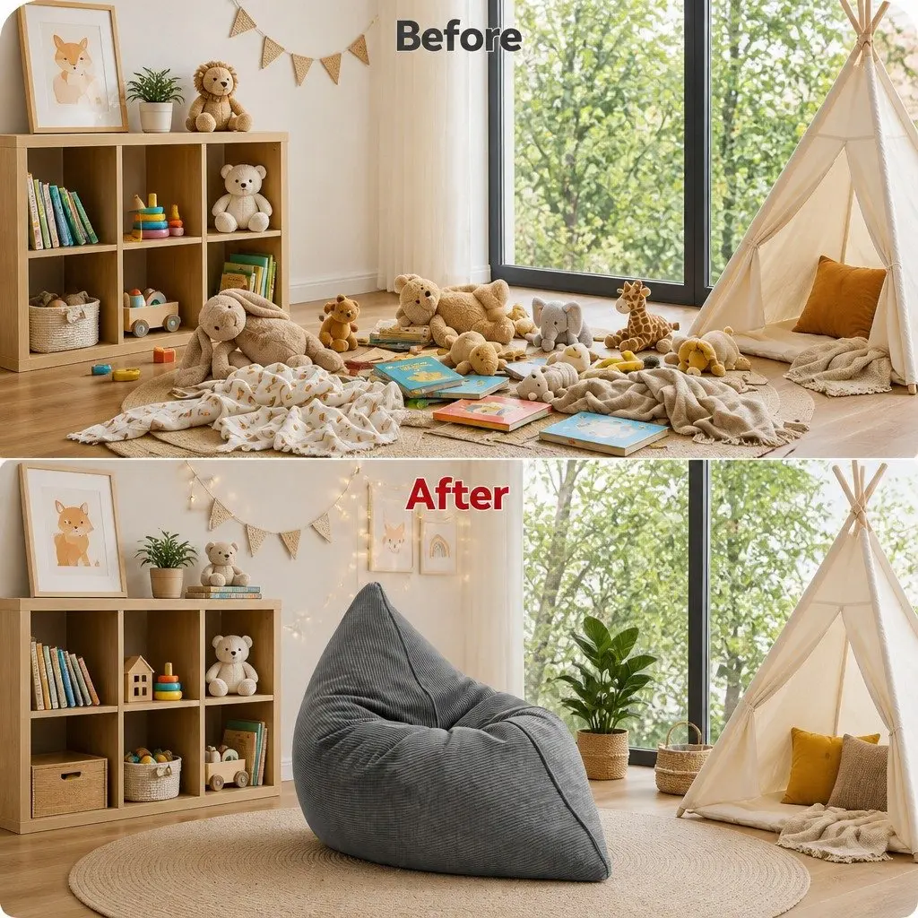 Bean Bag Chair Cover Grey 3 in 1 Convertible Floor Cushion Sofa Seat Corduroy