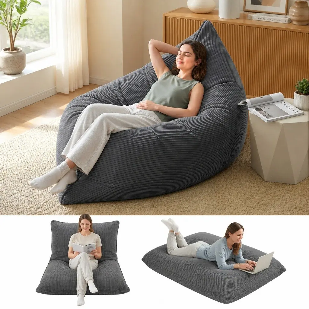 Bean Bag Chair Cover Grey 3 in 1 Convertible Floor Cushion Sofa Seat Corduroy