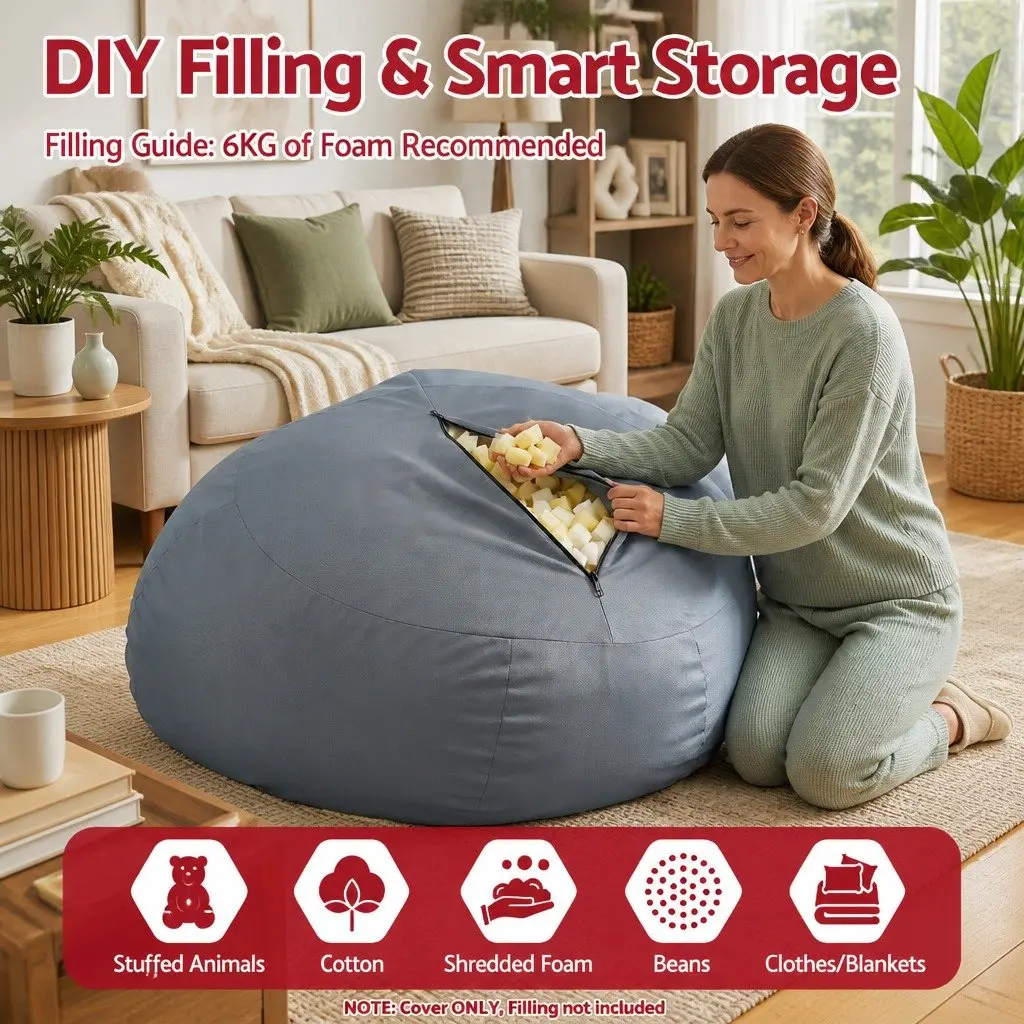 Bean Bag Chair Cover Grey Outdoor Indoor Ergonomic L-Shape Water-Resistant