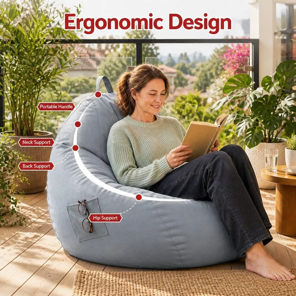 Bean Bag Chair Cover Grey Outdoor Indoor Ergonomic L-Shape Water-Resistant