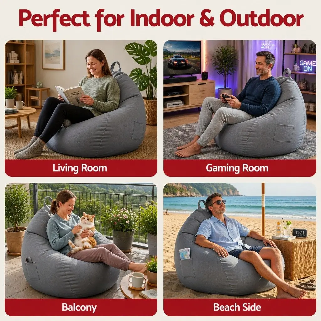 Bean Bag Chair Cover Grey Outdoor Indoor Ergonomic L-Shape Water-Resistant
