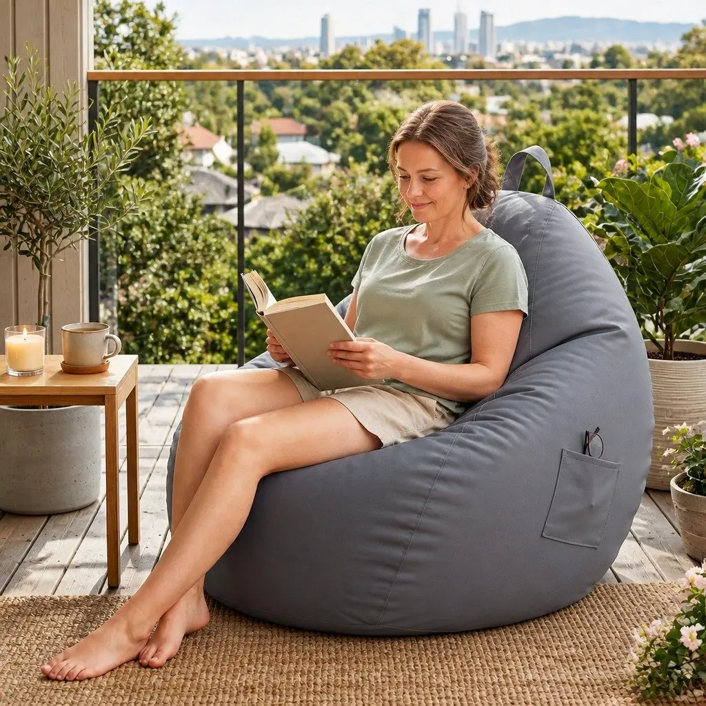 Bean Bag Chair Cover Grey Outdoor Indoor Ergonomic L-Shape Water-Resistant