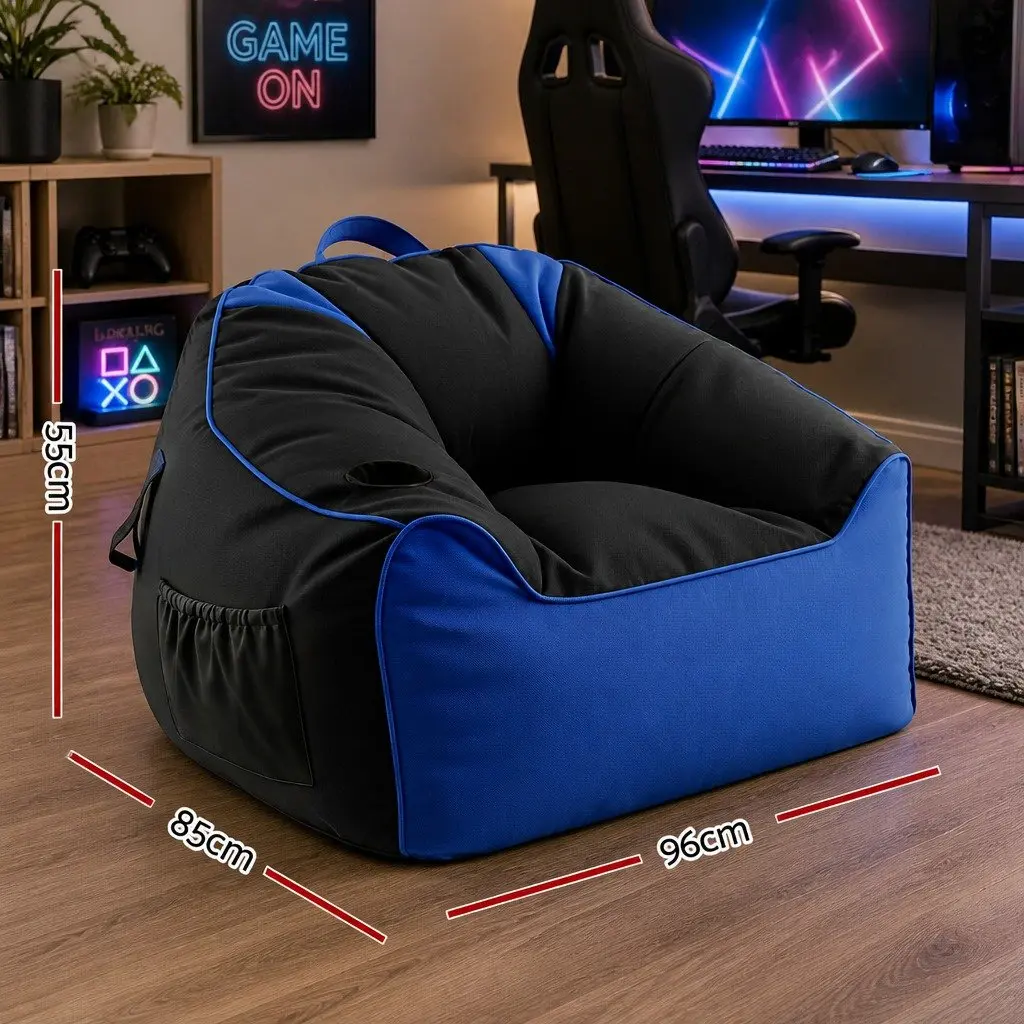 Gaming Bean Bag Chair Cover Blue 96 L x 85 W x 55 H cm Multifunctional with Cup Holder and Storage Pockets