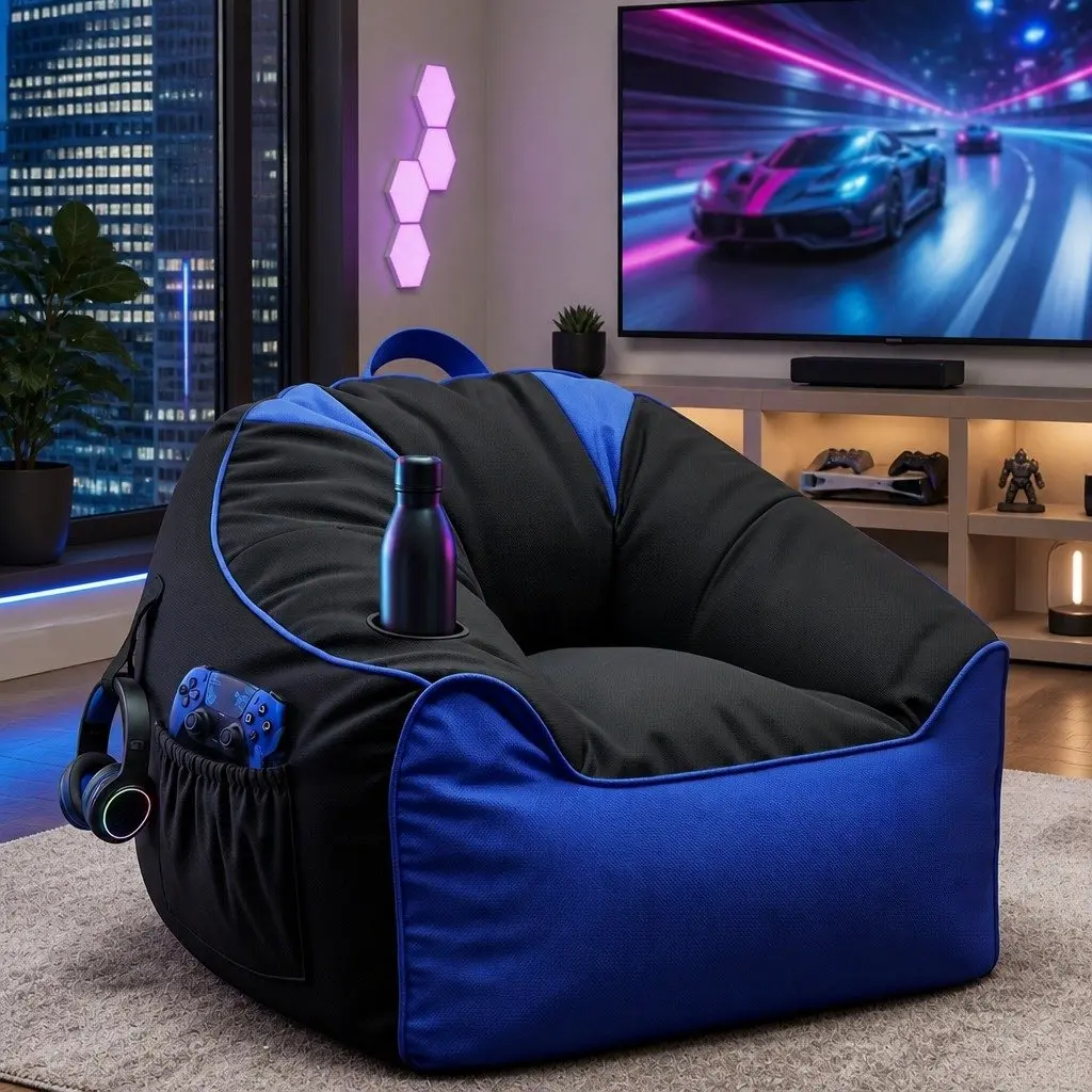 Gaming Bean Bag Chair Cover Blue 96 L x 85 W x 55 H cm Multifunctional with Cup Holder and Storage Pockets