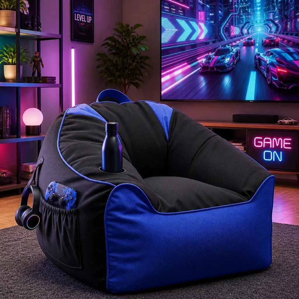 Gaming Bean Bag Chair Cover Blue 96 L x 85 W x 55 H cm Multifunctional with Cup Holder and Storage Pockets