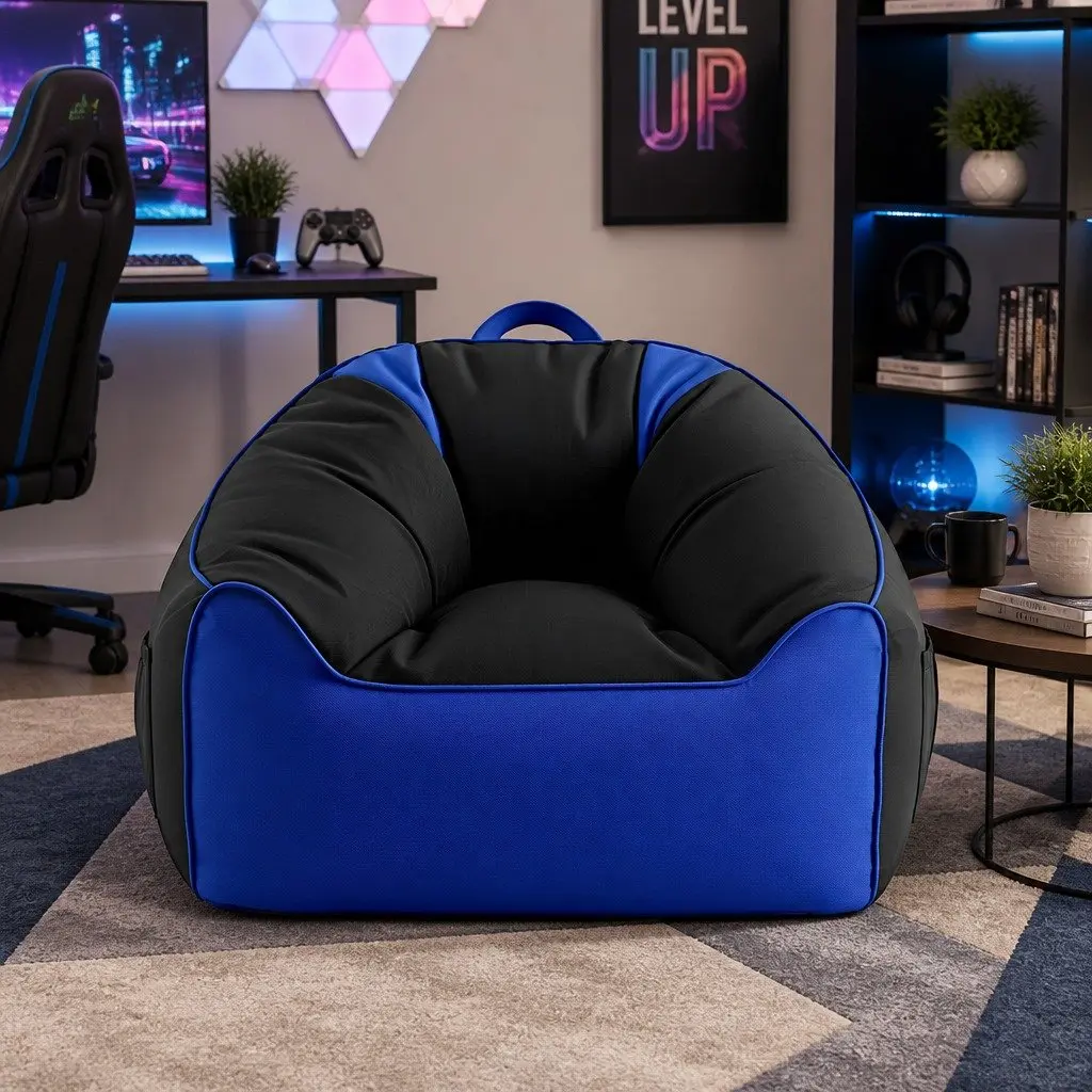 Gaming Bean Bag Chair Cover Blue 96 L x 85 W x 55 H cm Multifunctional with Cup Holder and Storage Pockets