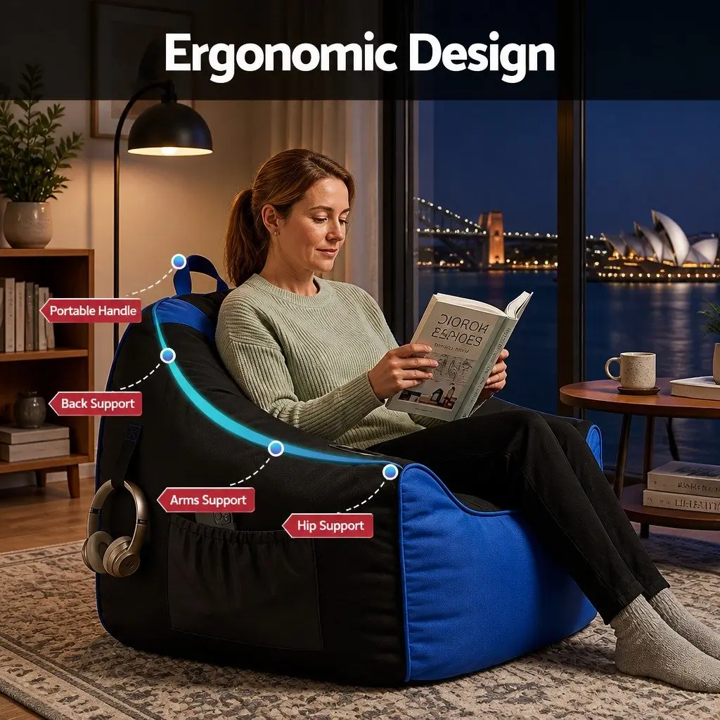 Gaming Bean Bag Chair Cover Blue 96 L x 85 W x 55 H cm Multifunctional with Cup Holder and Storage Pockets
