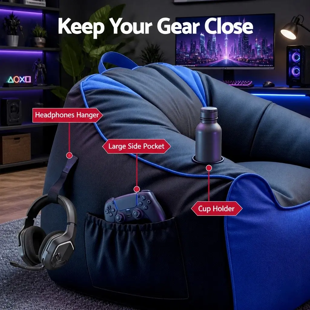 Gaming Bean Bag Chair Cover Blue 96 L x 85 W x 55 H cm Multifunctional with Cup Holder and Storage Pockets