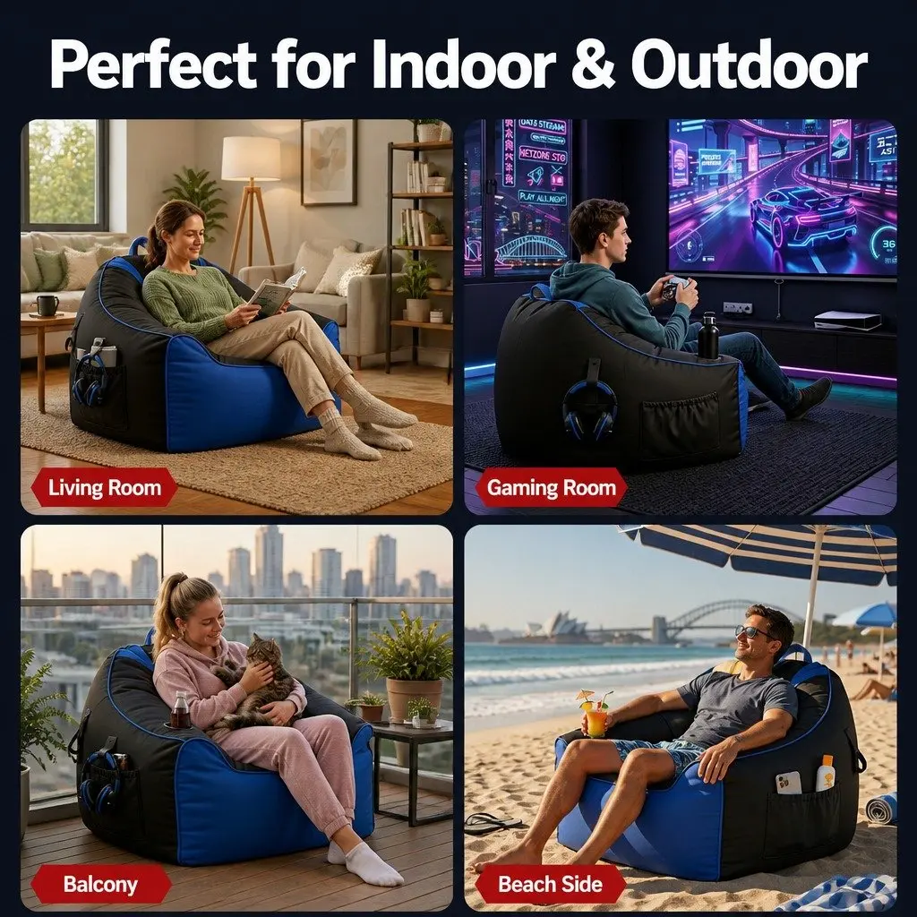Gaming Bean Bag Chair Cover Blue 96 L x 85 W x 55 H cm Multifunctional with Cup Holder and Storage Pockets