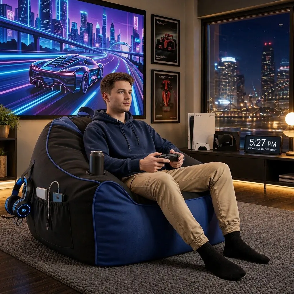 Gaming Bean Bag Chair Cover Blue 96 L x 85 W x 55 H cm Multifunctional with Cup Holder and Storage Pockets