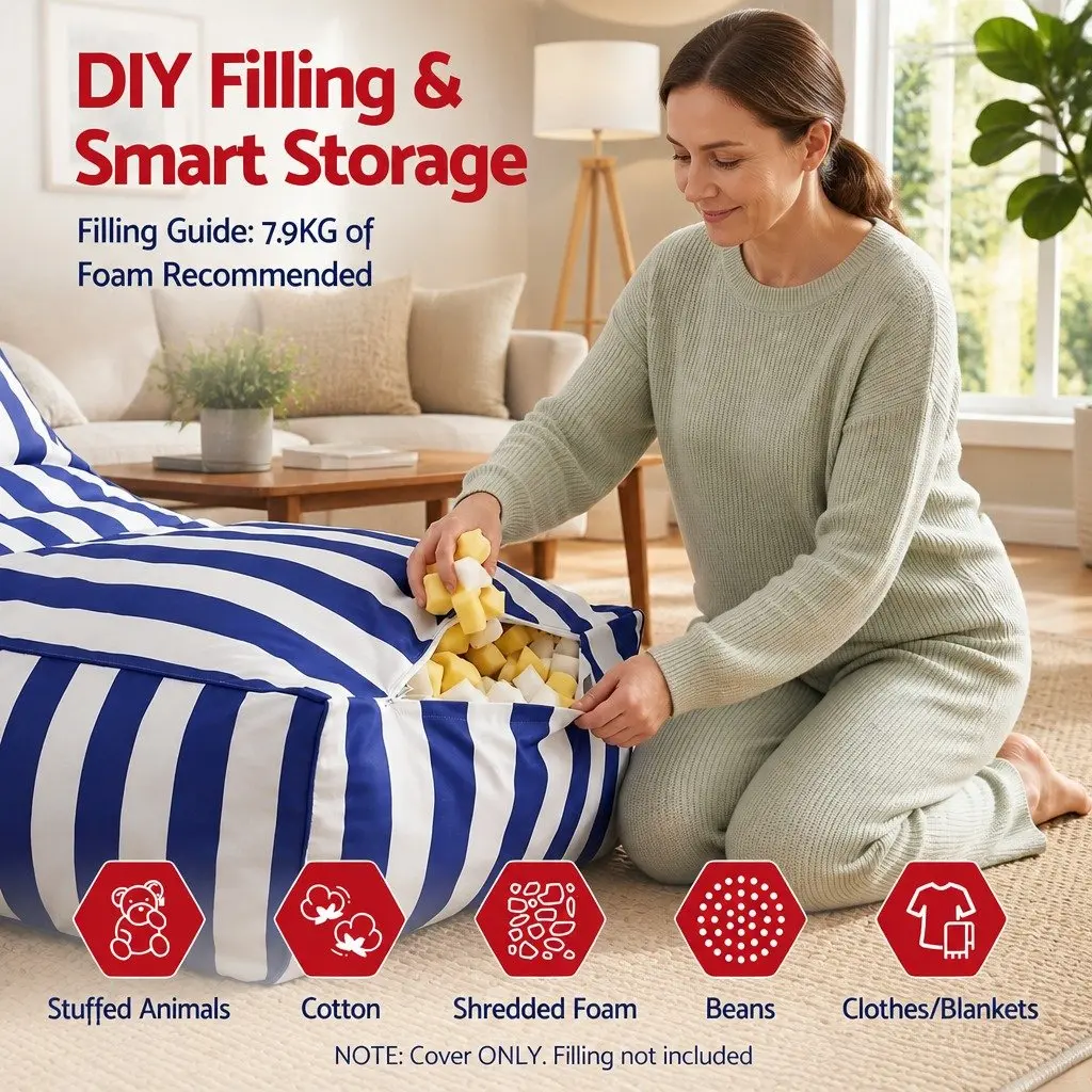 Bean Bag Chair Cover Blue L-Shape Water-Resistant Indoor Outdoor