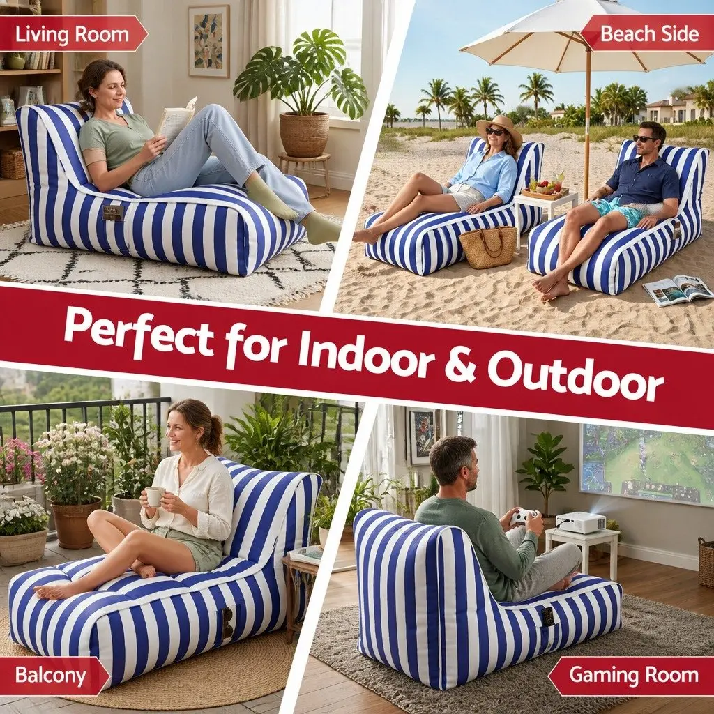 Bean Bag Chair Cover Blue L-Shape Water-Resistant Indoor Outdoor