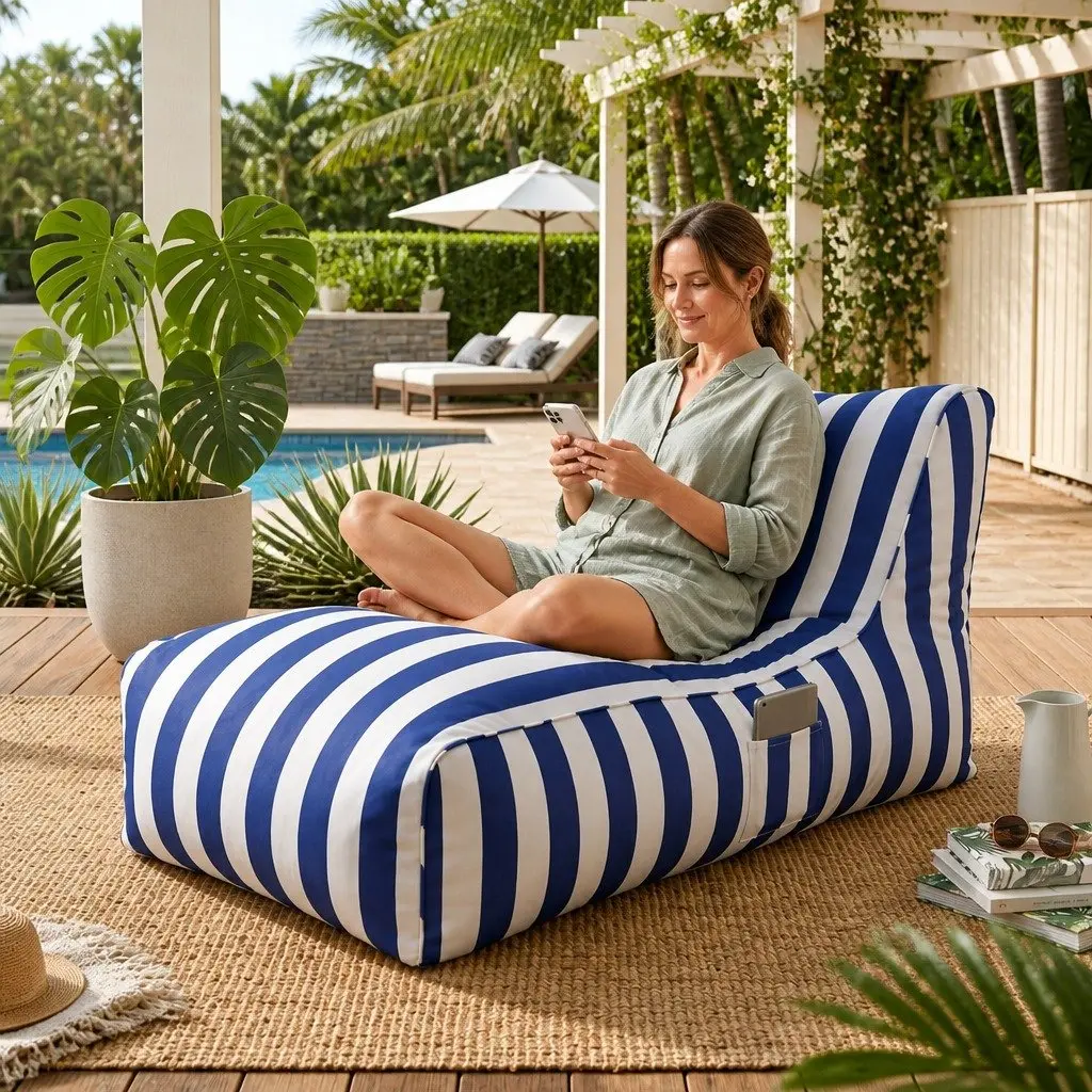 Bean Bag Chair Cover Blue L-Shape Water-Resistant Indoor Outdoor
