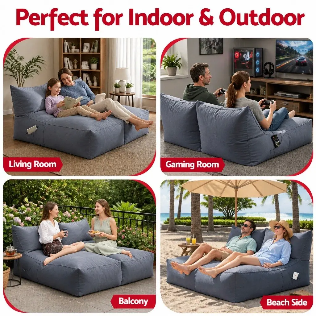 Outdoor Bean Bag Chair Cover 2 Seater Lounge Sofa Grey Water-Resistant