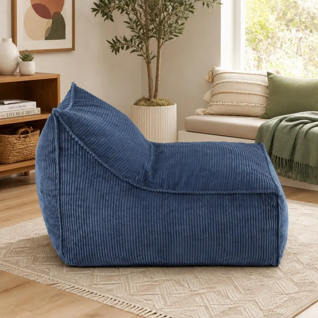 Bean Bag Chair Cover Blue L-Shaped Soft Corduroy Storage Lounger