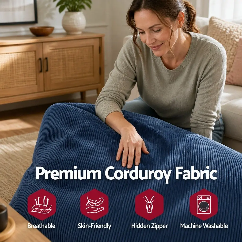 Bean Bag Chair Cover Blue L-Shaped Soft Corduroy Storage Lounger