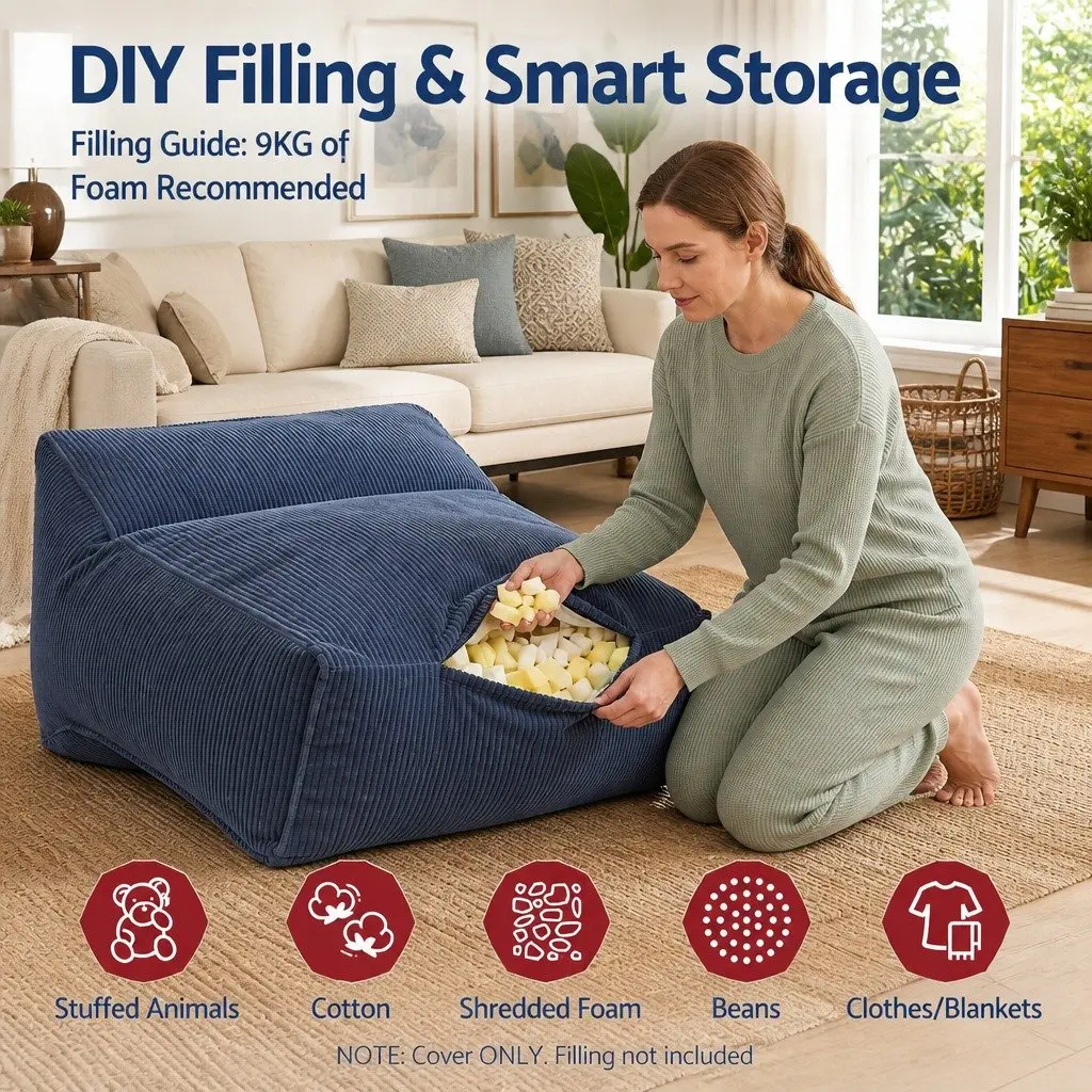 Bean Bag Chair Cover Blue L-Shaped Soft Corduroy Storage Lounger