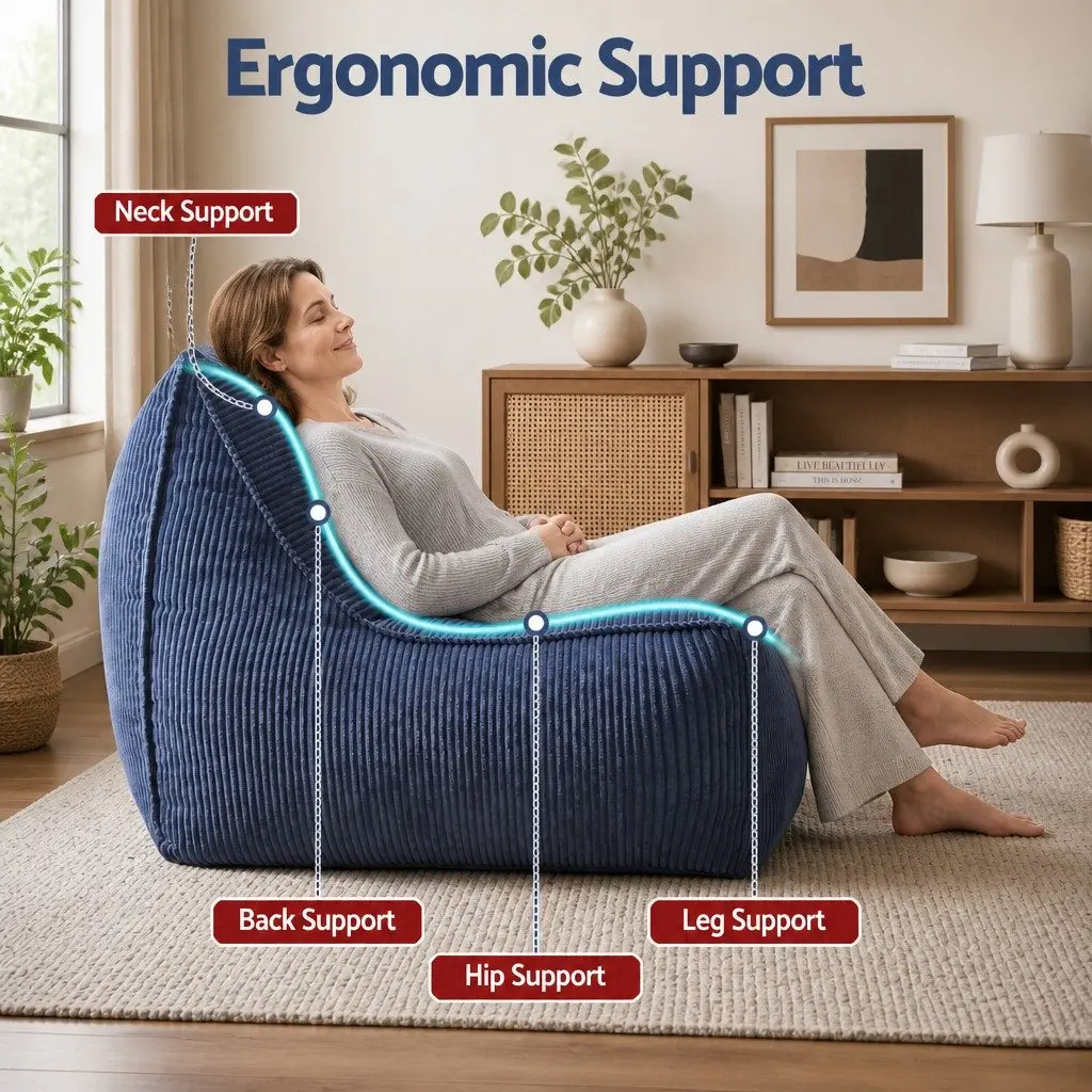 Bean Bag Chair Cover Blue L-Shaped Soft Corduroy Storage Lounger