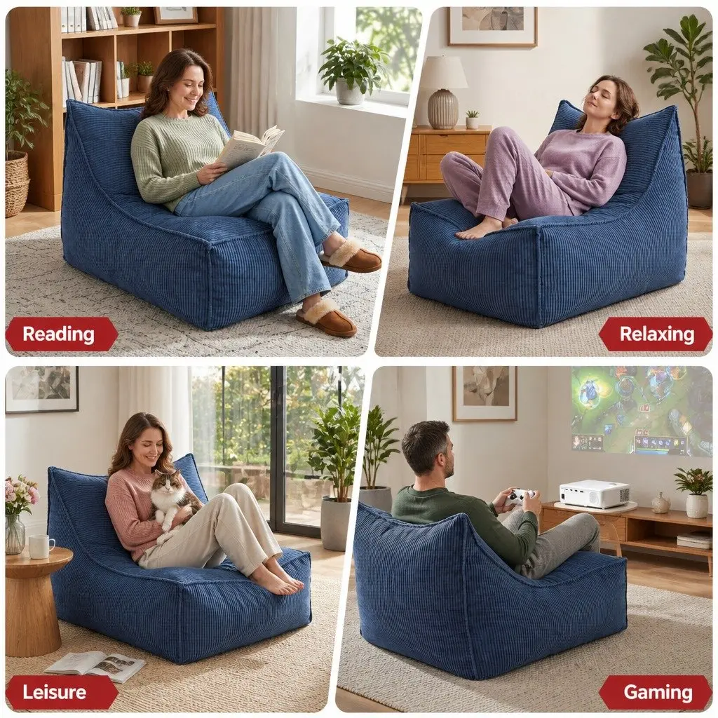 Bean Bag Chair Cover Blue L-Shaped Soft Corduroy Storage Lounger