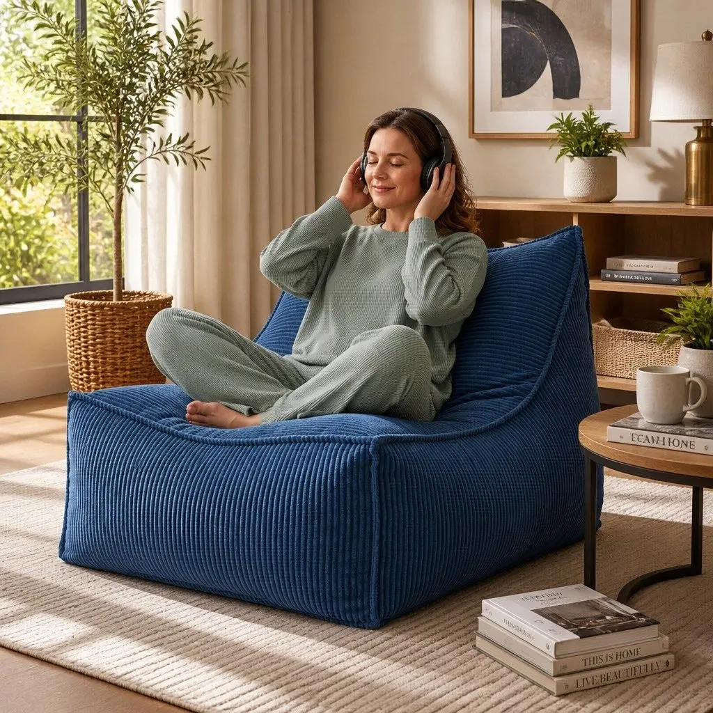 Bean Bag Chair Cover Blue L-Shaped Soft Corduroy Storage Lounger