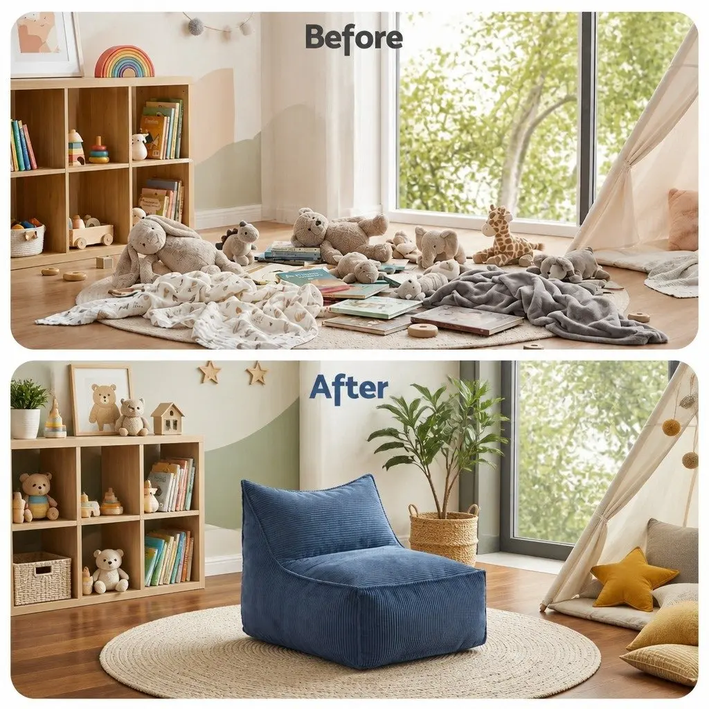 Bean Bag Chair Cover Blue L-Shaped Soft Corduroy Storage Lounger