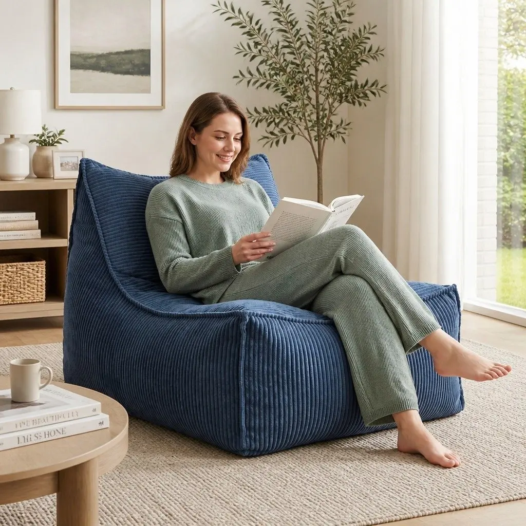 Bean Bag Chair Cover Blue L-Shaped Soft Corduroy Storage Lounger