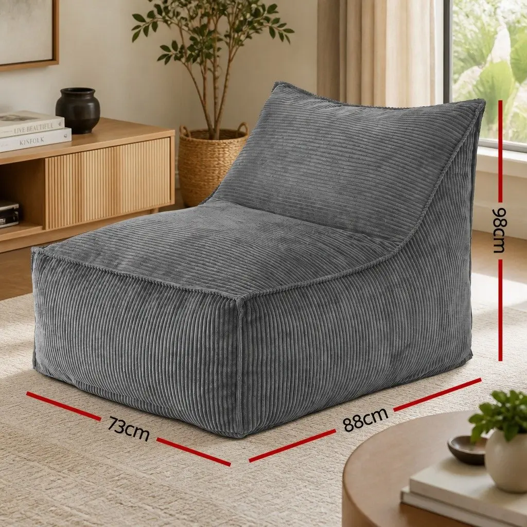 Bean Bag Chair Cover Grey L-Shaped Soft Corduroy with Back Support