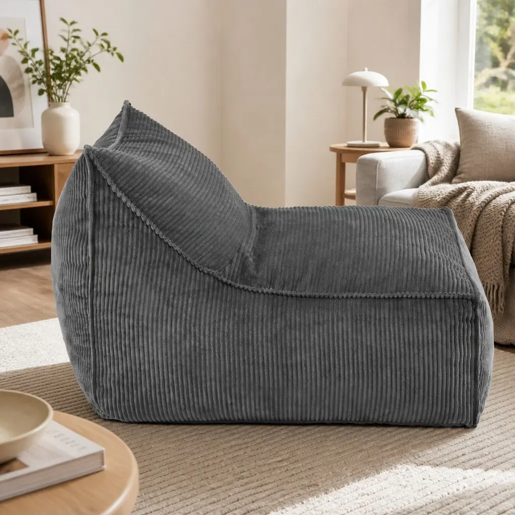 Bean Bag Chair Cover Grey L-Shaped Soft Corduroy with Back Support