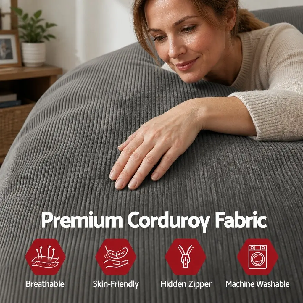 Bean Bag Chair Cover Grey L-Shaped Soft Corduroy with Back Support