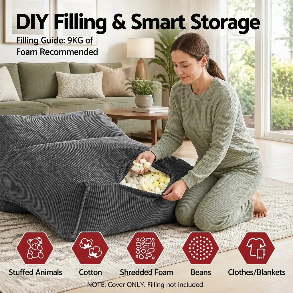 Bean Bag Chair Cover Grey L-Shaped Soft Corduroy with Back Support