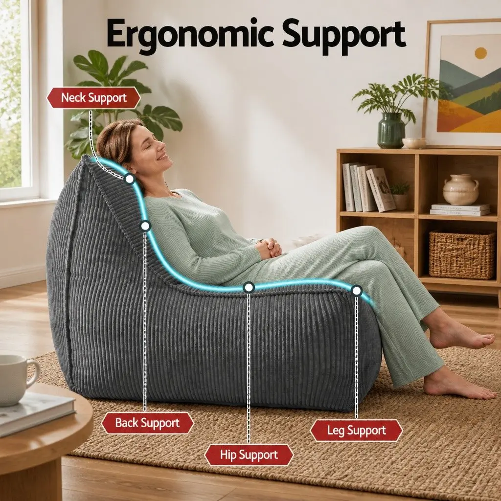 Bean Bag Chair Cover Grey L-Shaped Soft Corduroy with Back Support