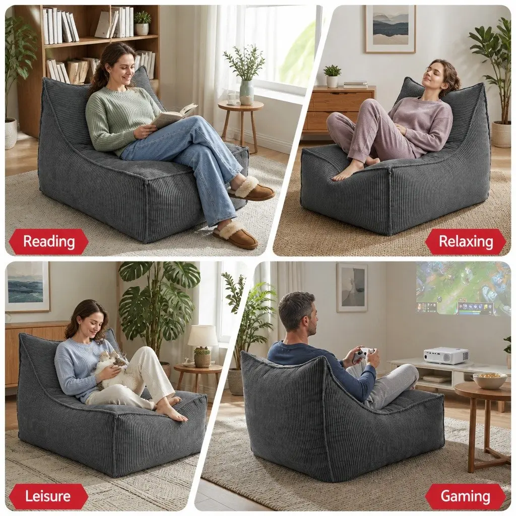 Bean Bag Chair Cover Grey L-Shaped Soft Corduroy with Back Support