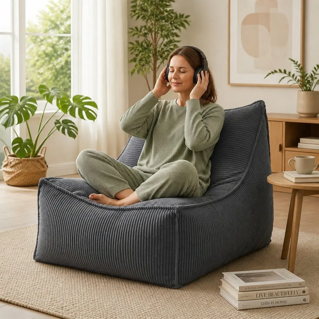 Bean Bag Chair Cover Grey L-Shaped Soft Corduroy with Back Support