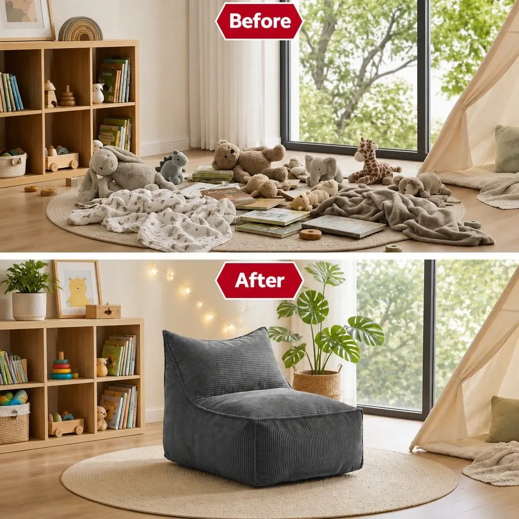Bean Bag Chair Cover Grey L-Shaped Soft Corduroy with Back Support