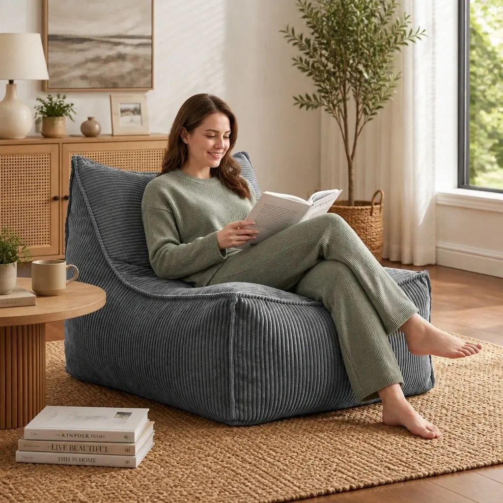 Bean Bag Chair Cover Grey L-Shaped Soft Corduroy with Back Support