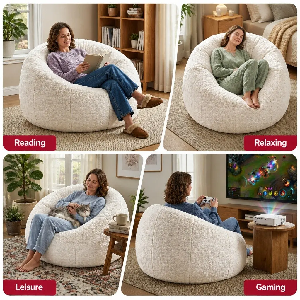 Bean Bag Chair Cover Large Round Faux Fur Soft Washable Storage Sofa for Adults