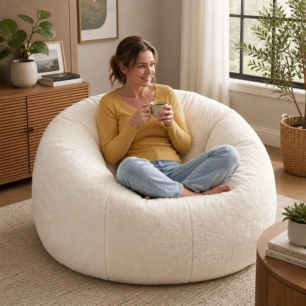 Bean Bag Chair Cover Large Round Faux Fur Soft Washable Storage Sofa for Adults