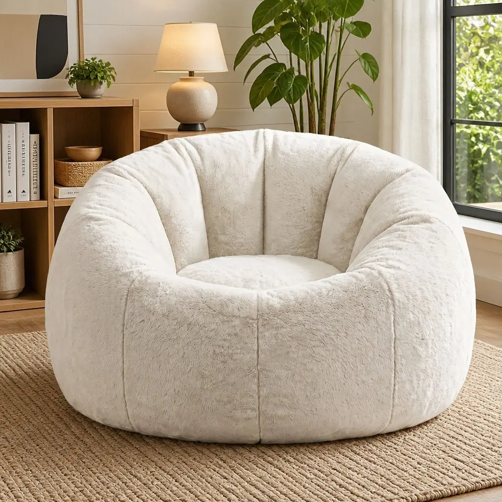 Bean Bag Chair Cover Large Round Faux Fur Soft Washable Storage Sofa for Adults