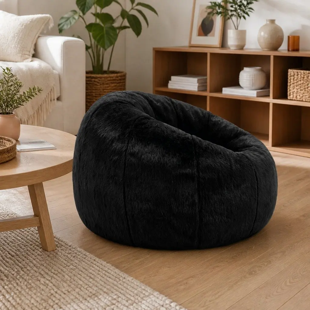 Bean Bag Chair Cover Black Large Soft Faux Fur Washable