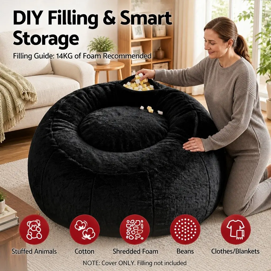 Bean Bag Chair Cover Black Large Soft Faux Fur Washable