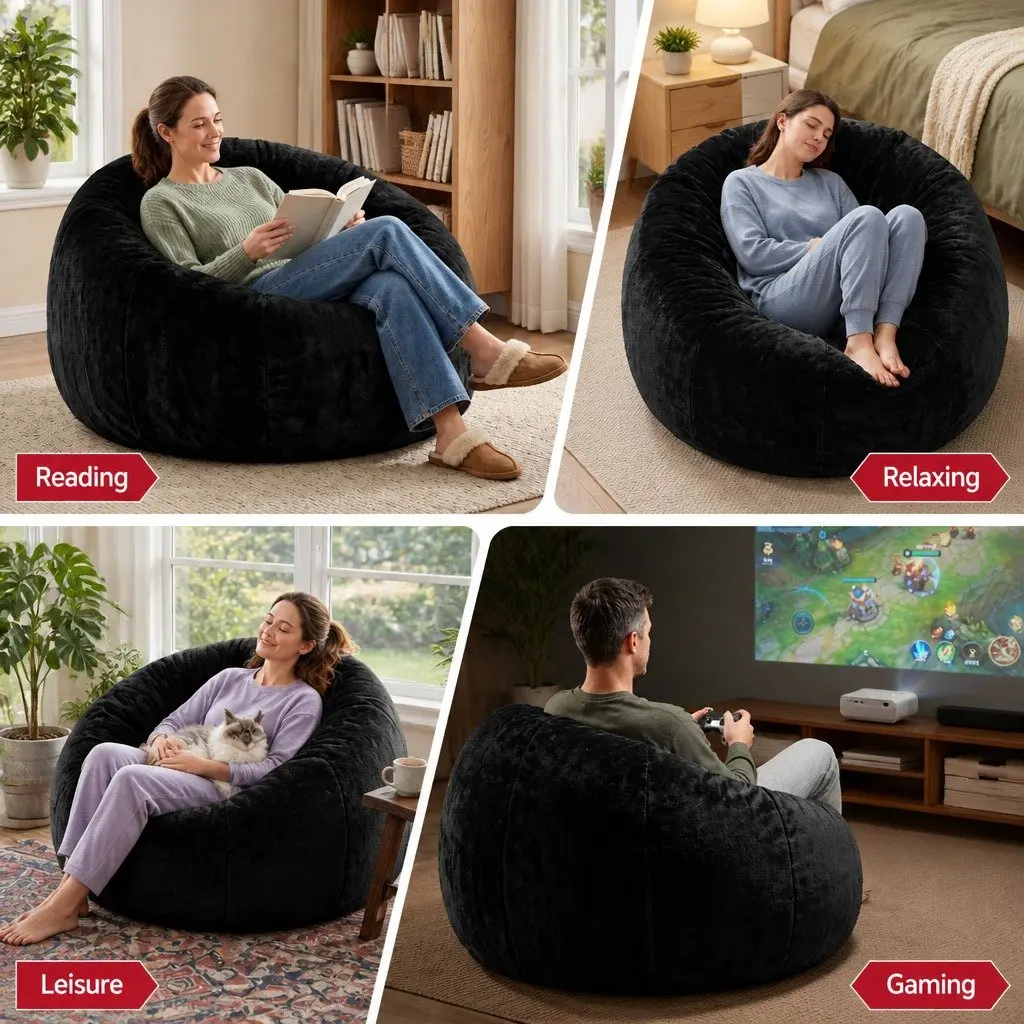 Bean Bag Chair Cover Black Large Soft Faux Fur Washable