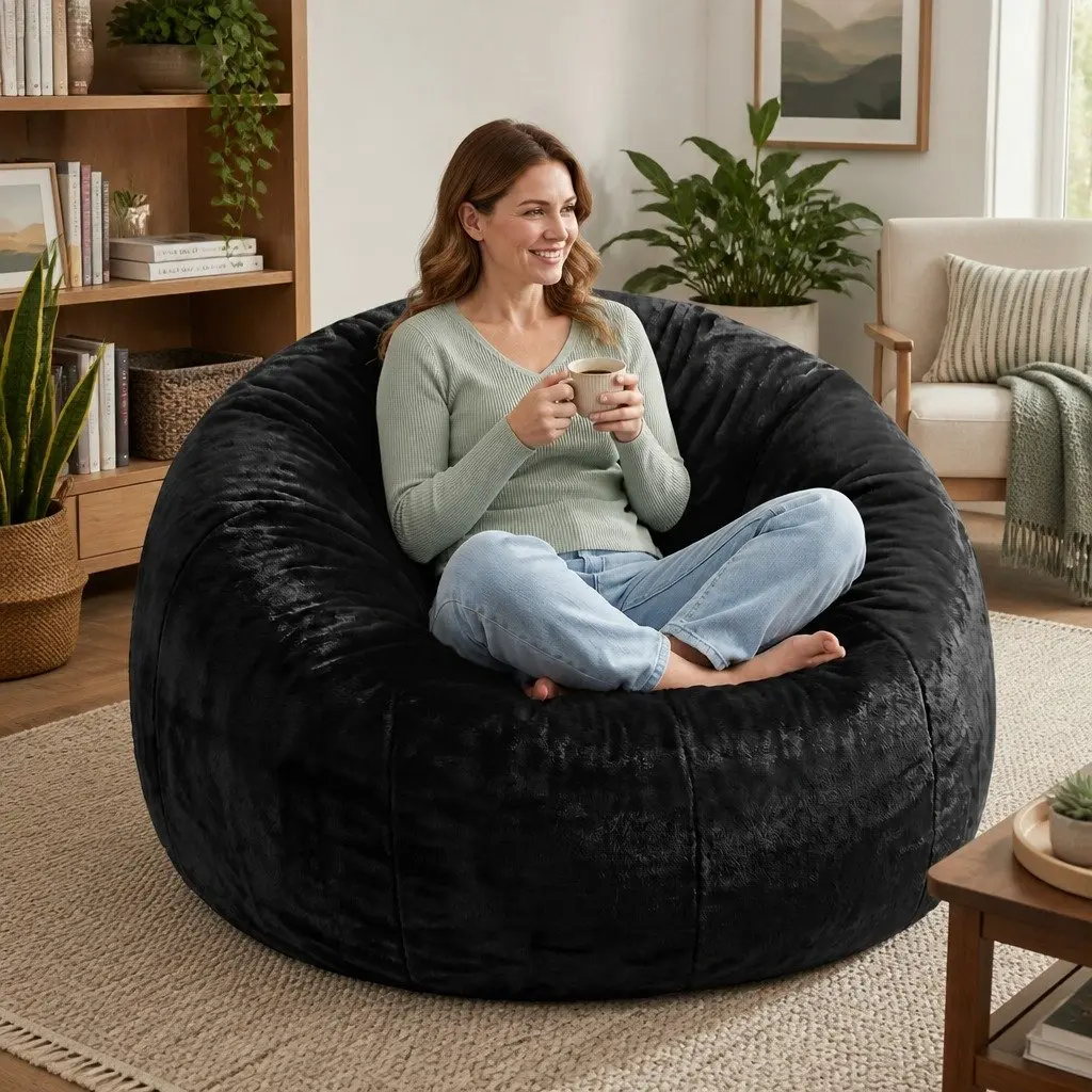 Bean Bag Chair Cover Black Large Soft Faux Fur Washable