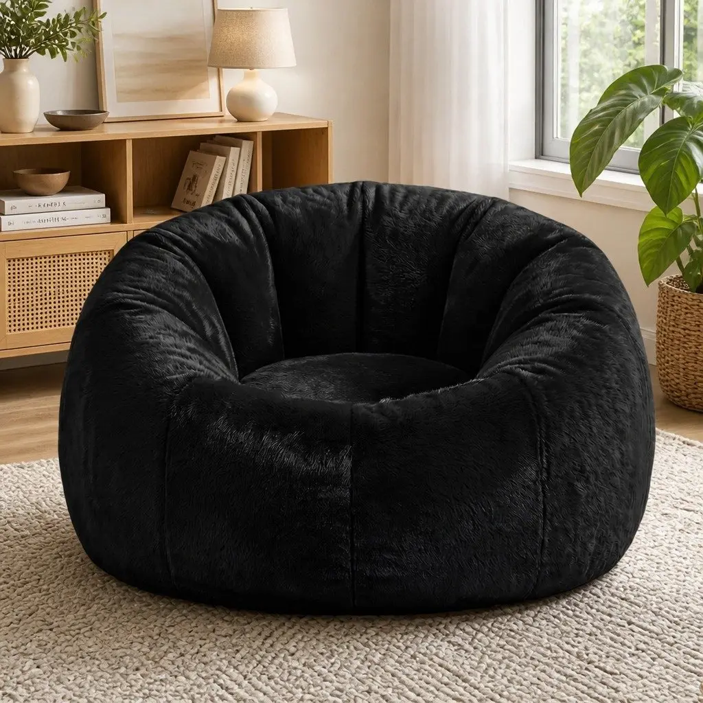 Bean Bag Chair Cover Black Large Soft Faux Fur Washable