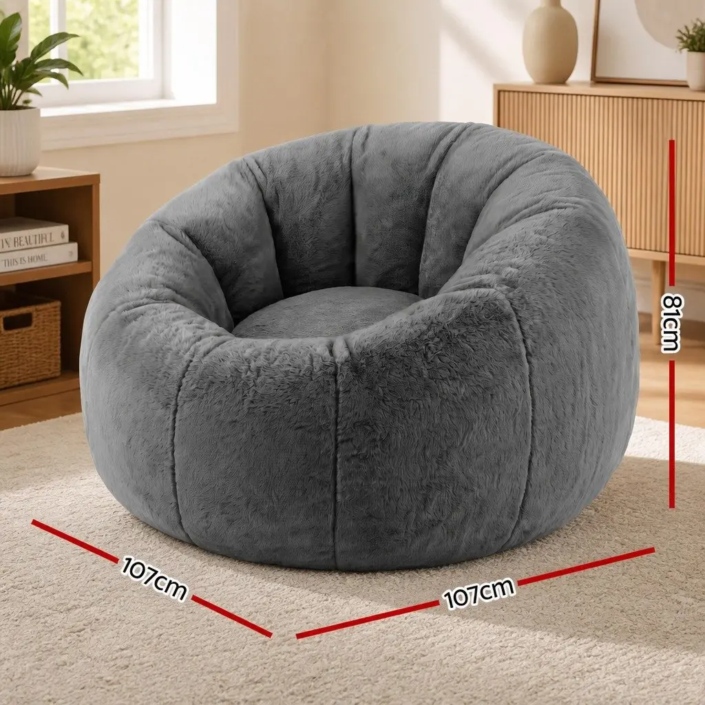 Bean Bag Chair Cover Grey Large Round Faux Fur Soft Washable Storage Sofa Cover