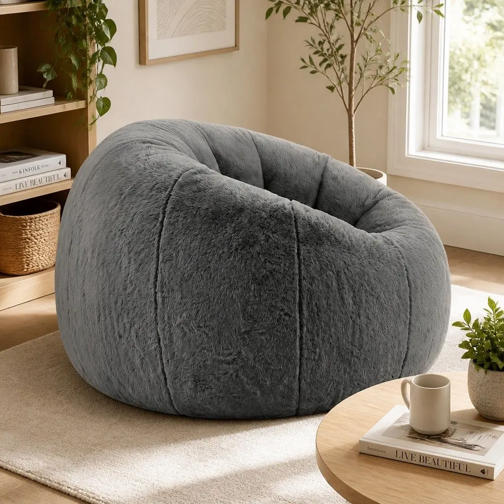 Bean Bag Chair Cover Grey Large Round Faux Fur Soft Washable Storage Sofa Cover