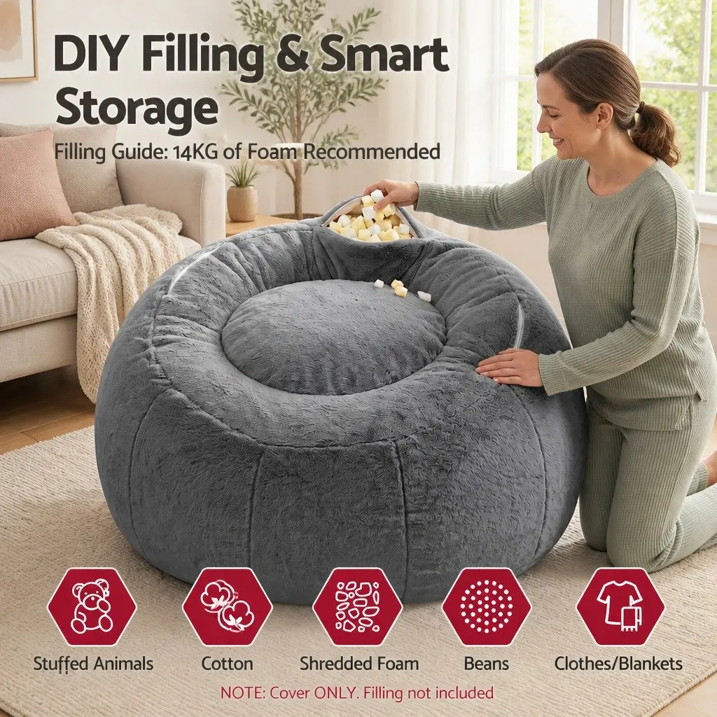 Bean Bag Chair Cover Grey Large Round Faux Fur Soft Washable Storage Sofa Cover