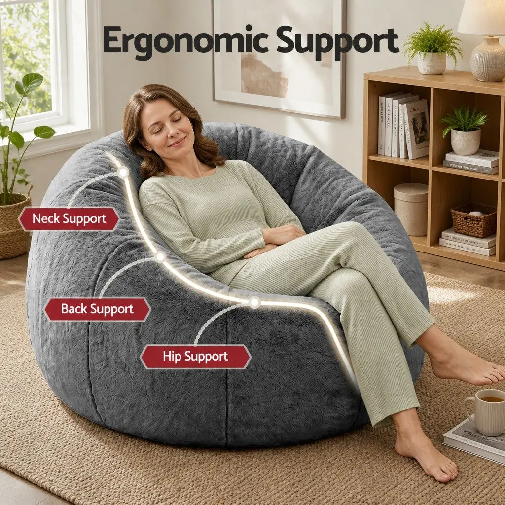 Bean Bag Chair Cover Grey Large Round Faux Fur Soft Washable Storage Sofa Cover