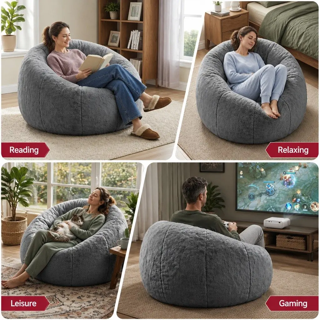 Bean Bag Chair Cover Grey Large Round Faux Fur Soft Washable Storage Sofa Cover
