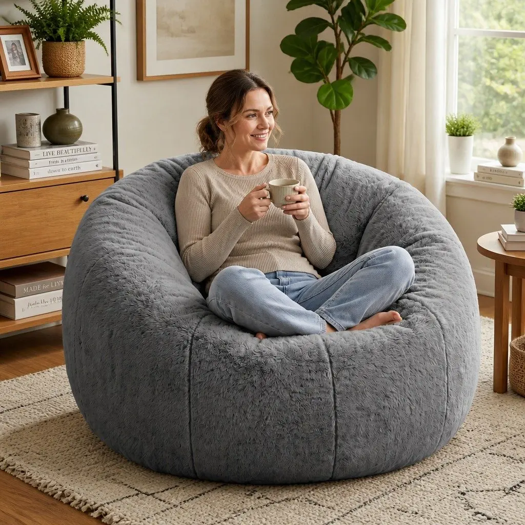Bean Bag Chair Cover Grey Large Round Faux Fur Soft Washable Storage Sofa Cover